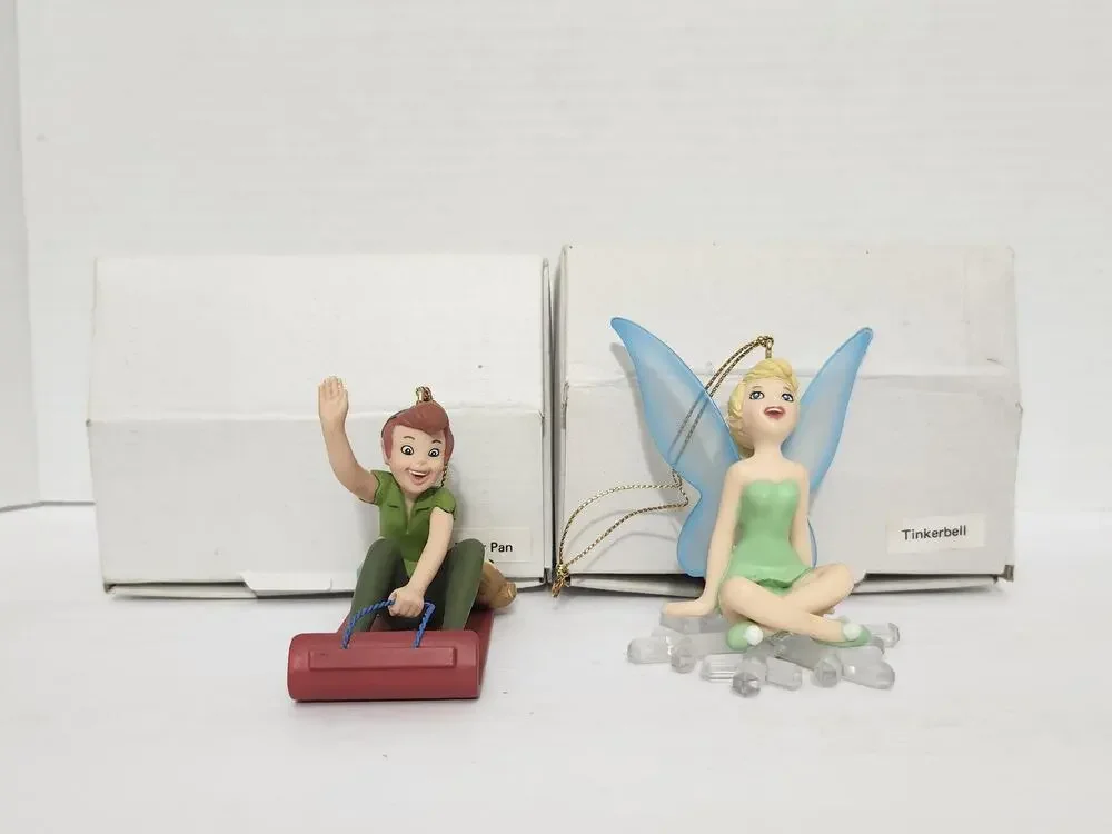 Vintage Disney Peter Pan & Tinkerbell Christmas Ornament Pair Boxed Tree Set